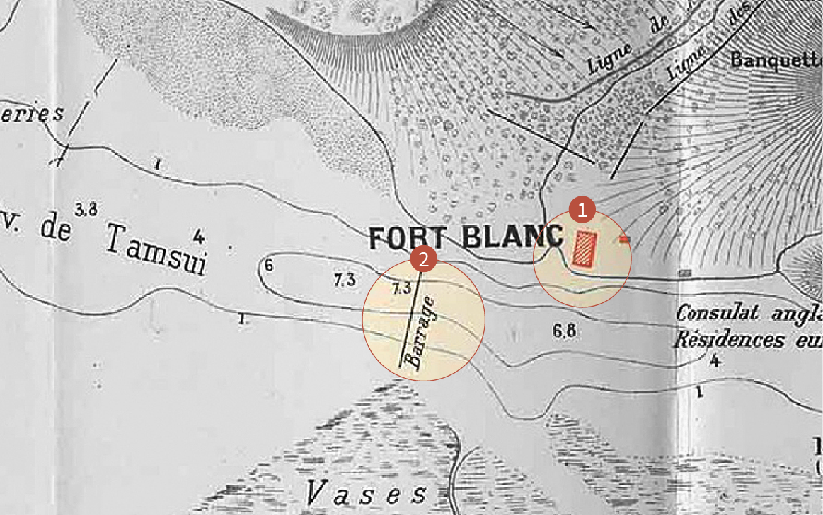 紅色方塊，Fort Blanc（白砲台）；Blockade（阻絕線）